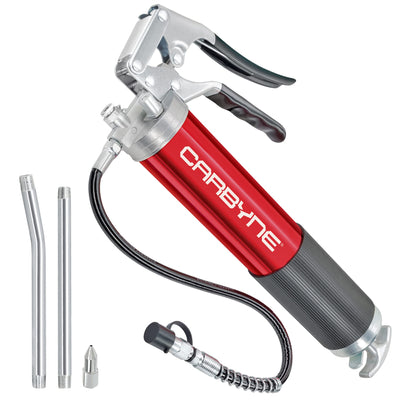 Carbyne Grease Gun - Pistol Grip, 7500 PSI, Heavy Duty Professional Quality, Anodized Aluminum Barrel. 18" HD Flex Hose w/Spring, 6" Straight & 6" Angled Tube, Coupler & Needle Noze, 3-Way Loading