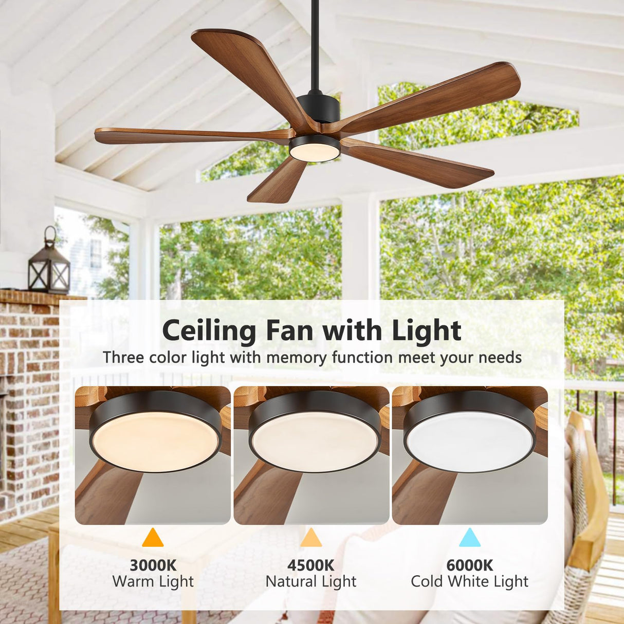 BOOSANT 5 Blade Ceiling Fans with Lights, 60 inch Outdoor Ceiling Fans with Remote Control for Patio Bedroom, Modern Ceiling Fan with Light, 5 Solid Wood Blades 6-Speed Reversible DC Motor(Walnut) BOOSANT