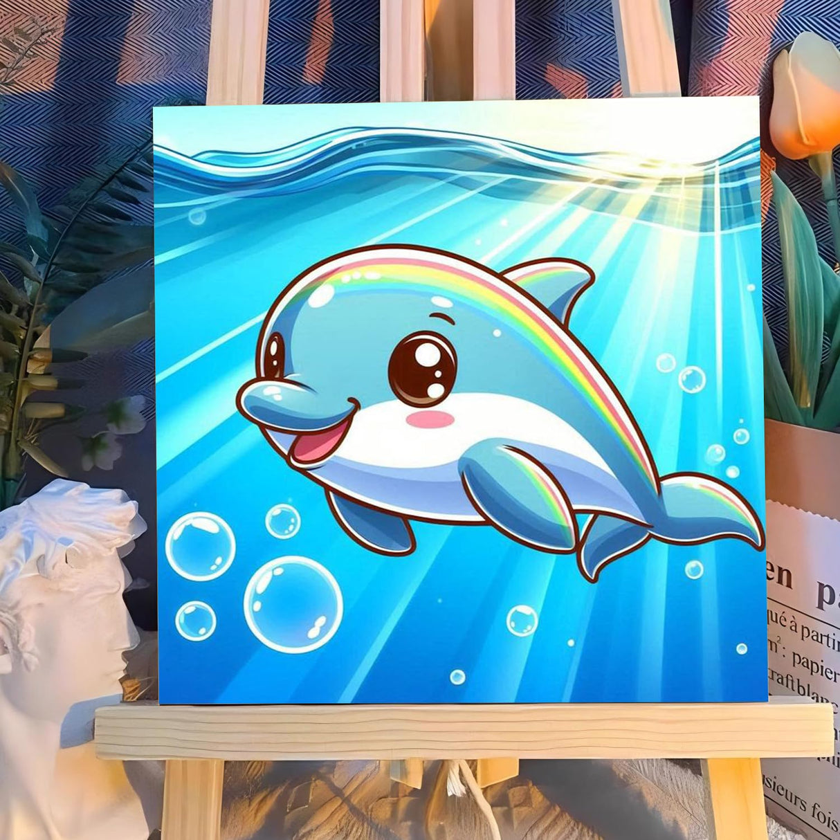 Reivworl Paint by Numbers Kit for Kids with Frame and Easel, Dolphin Paint by Number Kids Age 5-8-12, Paint by Numbers Gifts and Home Decor (8X8 Inch) Reivworl