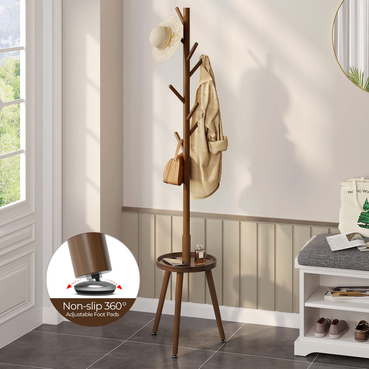 GREENSTELL Coat Rack with 8 Hooks, Wooden Coat Rack Freestanding with Shelf, Coat Tree with 4 Height Options 50.5"-72.6", Coat Hanger Stand for Bags, Clothes, Umbrellas, Hats, in Home, Brown GREENSTELL