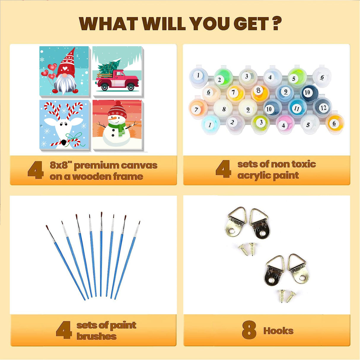 Yijingtop 4 Packs Framed Chrsitmas Paint by Numbers Kit for Kids Ages 8-12,Snowman Easy Acrylic Paint by Number Framed on Canvas,Number Painting Paint by Numbers Kit for Home Wall Decoe 8x8inch Yijingtop