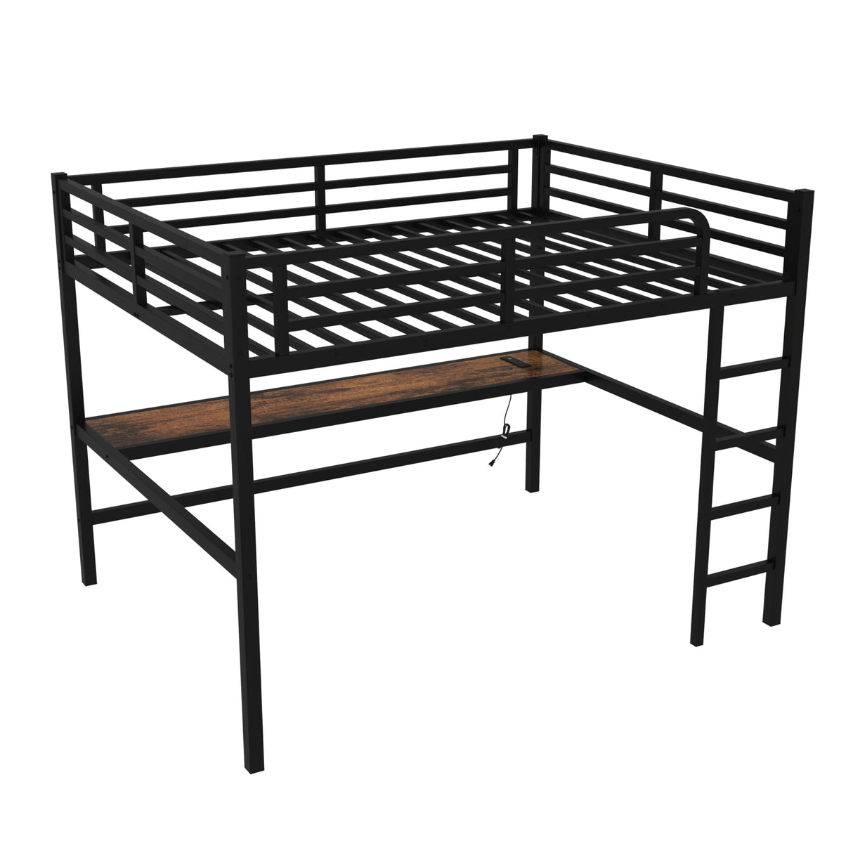 Queen Size Metal Loft Bed with Desk, LED Lights & USB Charging Station, Sturdy Noise-Free High Loft Bed Frame with Safety Guardrails, Space-Saving Loft Bedframe for Adults, Kids, Teens, Black (Queen) XUWANSHANG