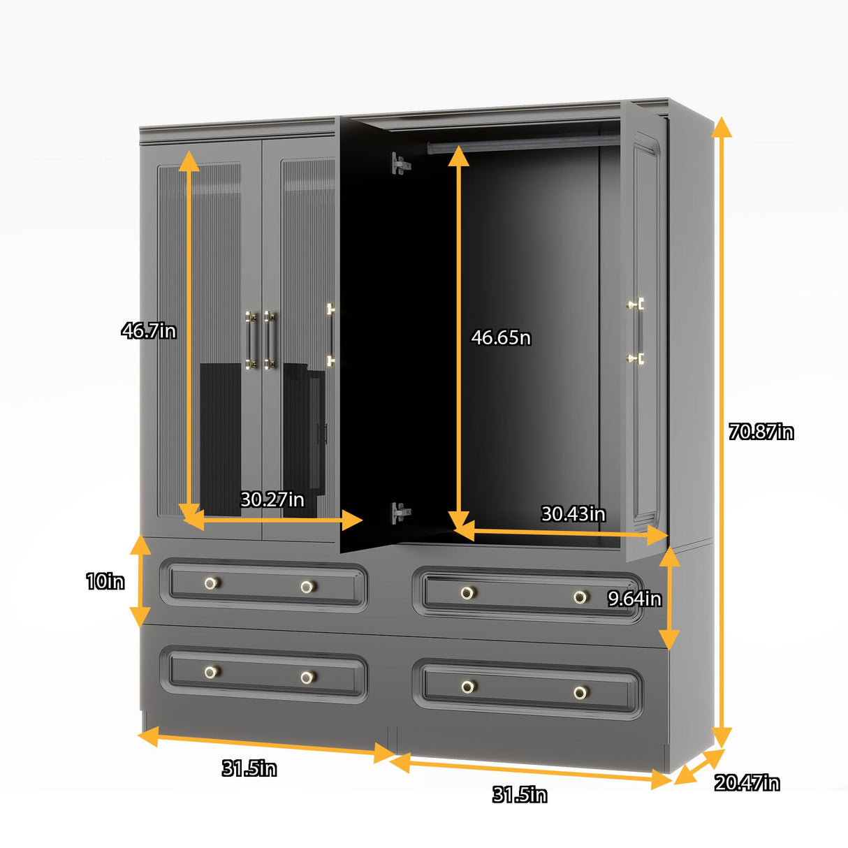 GraceGrove Armoire Wardrobe Closet with 4 Glass Doors and 4 Drawers, Armoire with Hanging Rods, Wood Armoire Closet Cabinet with Large Storage, Armoires and Wardrobes for Bedroom Black GraceGrove