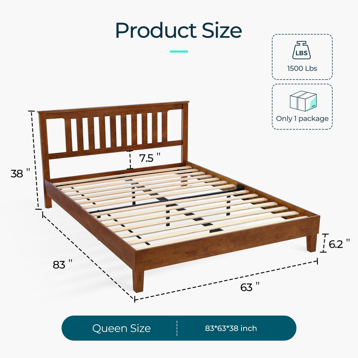 LINSY Queen Bed Frame, Wood Platform Bed Frame with headboard, Solid Wood Bed with Wood Slat Support, No Box Spring Needed, Easy Assembly, Walnut, Queen LINSY