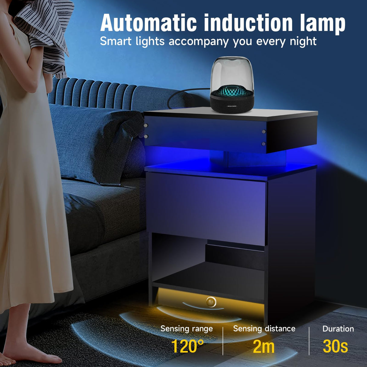 LAINELAND Night Stand Set 2,Nightstand with Charging Station,Induction Light and LED Light,Bedside Table with Drawers,Modern Nightstand End Side Table for Bedroom,Nightstands with Bookshelf,Black LAINELAND