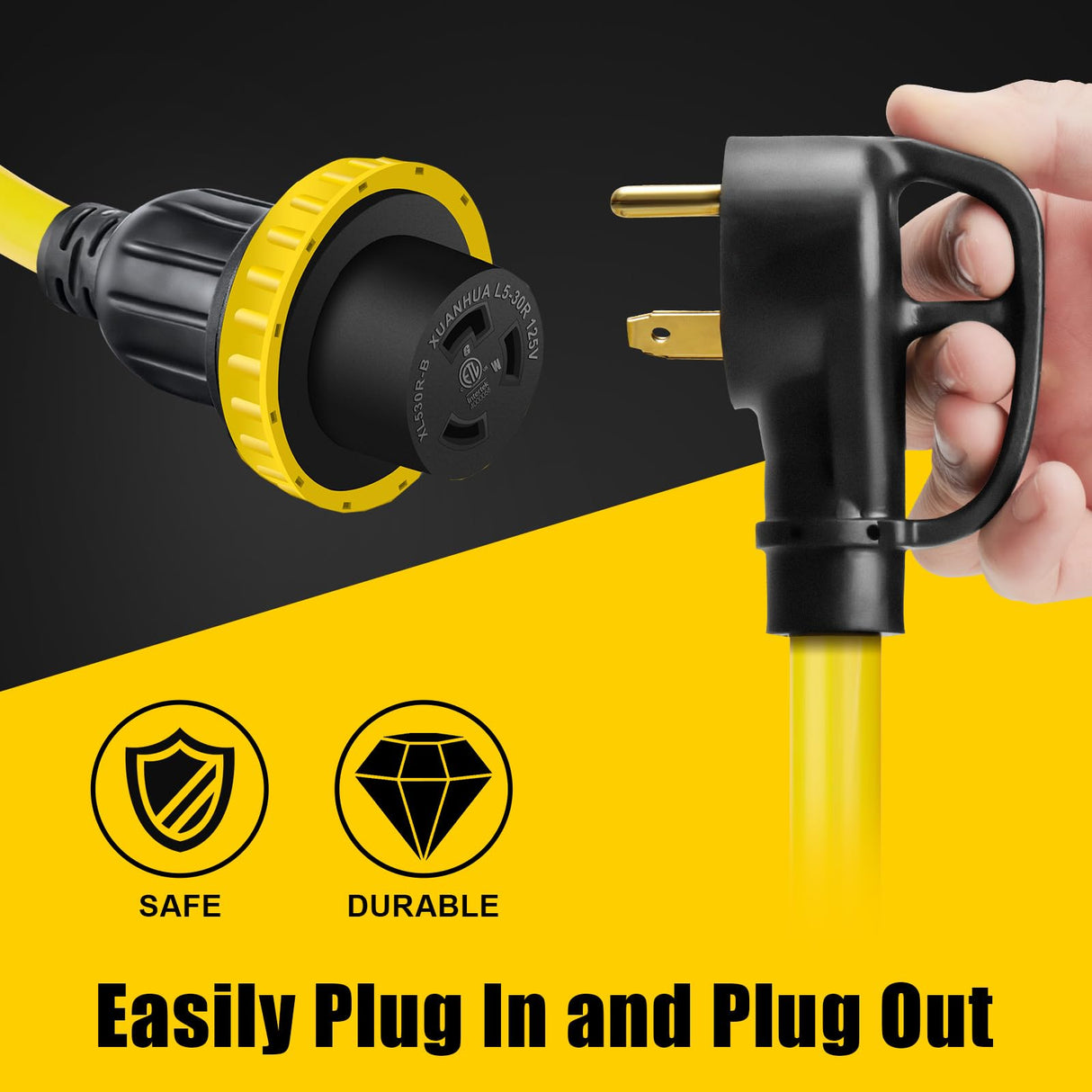 LAZMUMI 30 Amp 15 Feet RV Power Extension Cord Twist Locking, NEMA TT-30P Male to NEMA L5-30R, Heavy Duty 3 Prong 10 Guage STW with Grip Handle and Cord Organizer for RV Trailer Campers LAZMUMI