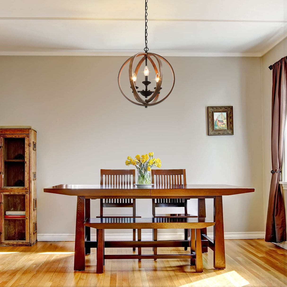 LOG BARN Farmhouse Chandeliers, Faux-Wood Globe Hanging 3-Light Fixture for Dining & Living Room, Bedroom, Foyer and Entryway LOG BARN