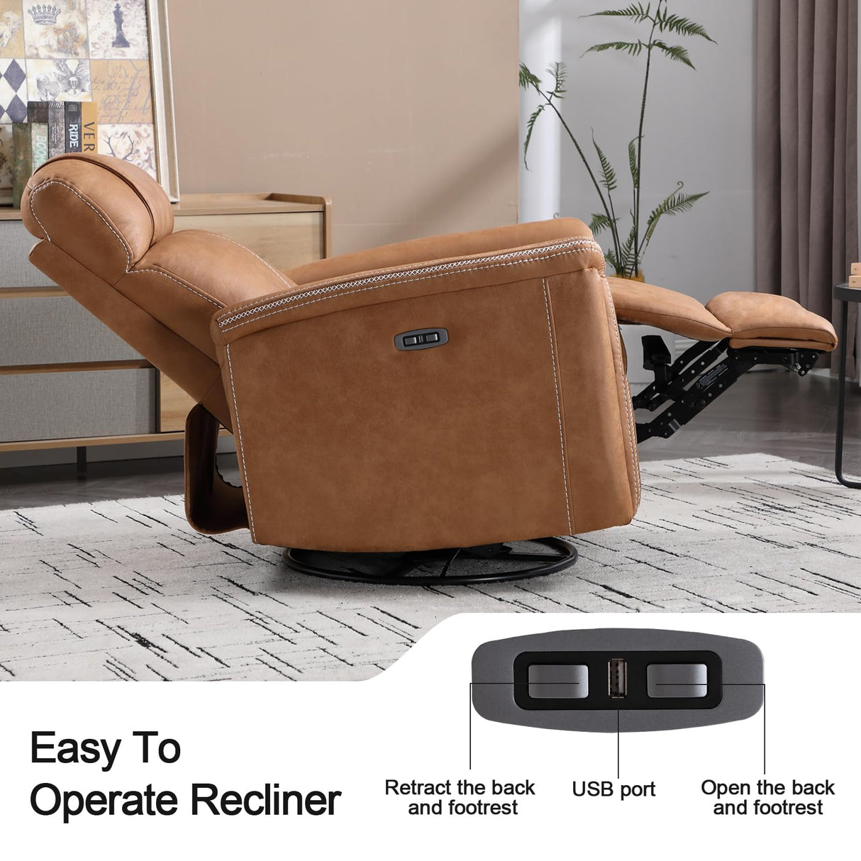 CANMOV Faux Leather Power Swivel Rocker Recliner,Glider Recliner for Nursery,Electric Swivel Rocker with USB Port,Upholstered Nursery Glider Reclining Sofa for Living Room,Brown CANMOV