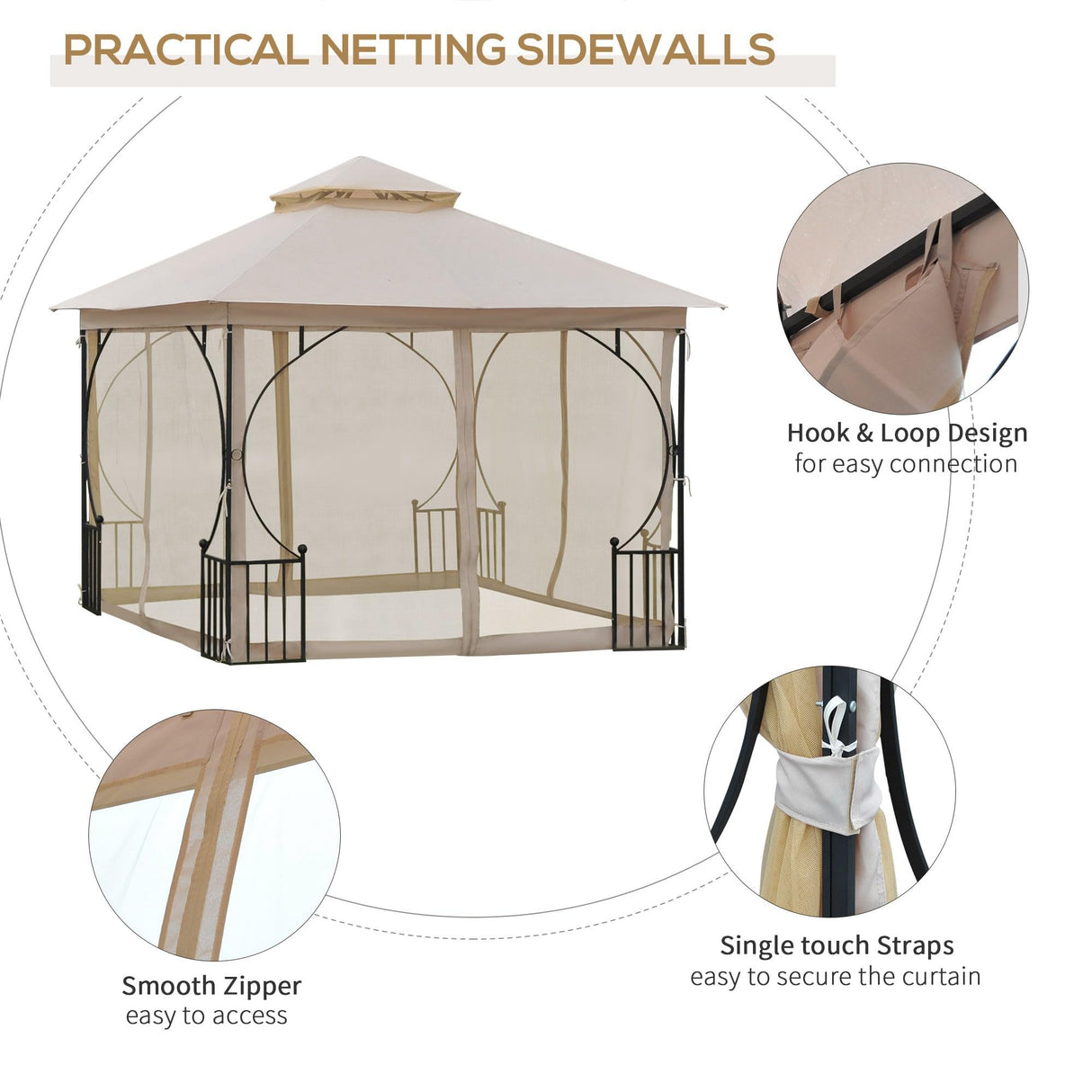 Outsunny 10' x 10' Patio Gazebo, Double Roof Outdoor Gazebo Canopy Shelter with Netting, Steel Corner Frame for Garden, Lawn, Backyard and Deck, Beige Outsunny
