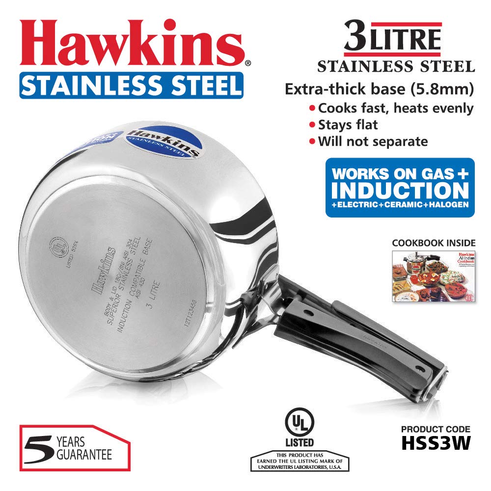Hawkins 3 Litre Inner Lid Pressure Cooker, Stainless Steel Cooker, Wide Design Pan Cooker, Induction Cooker, Silver (HSS3W) HAWKINS