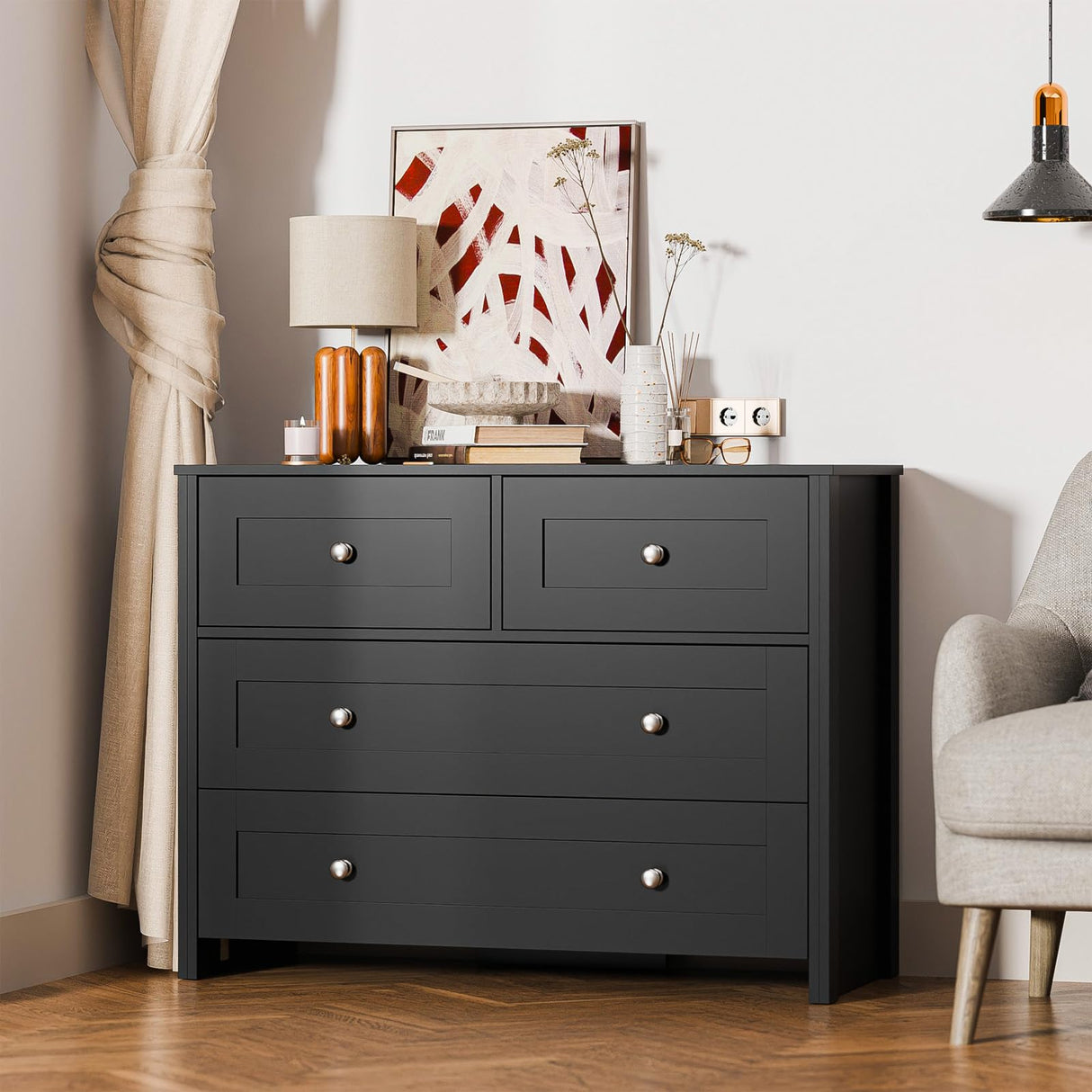 SunsGrove 40 inch Wide 4 Drawer Dresser, Modern Black Wooden Chest for Home Organization, Storage Cabinet for Bedroom, Living Room, Home Office SunsGrove