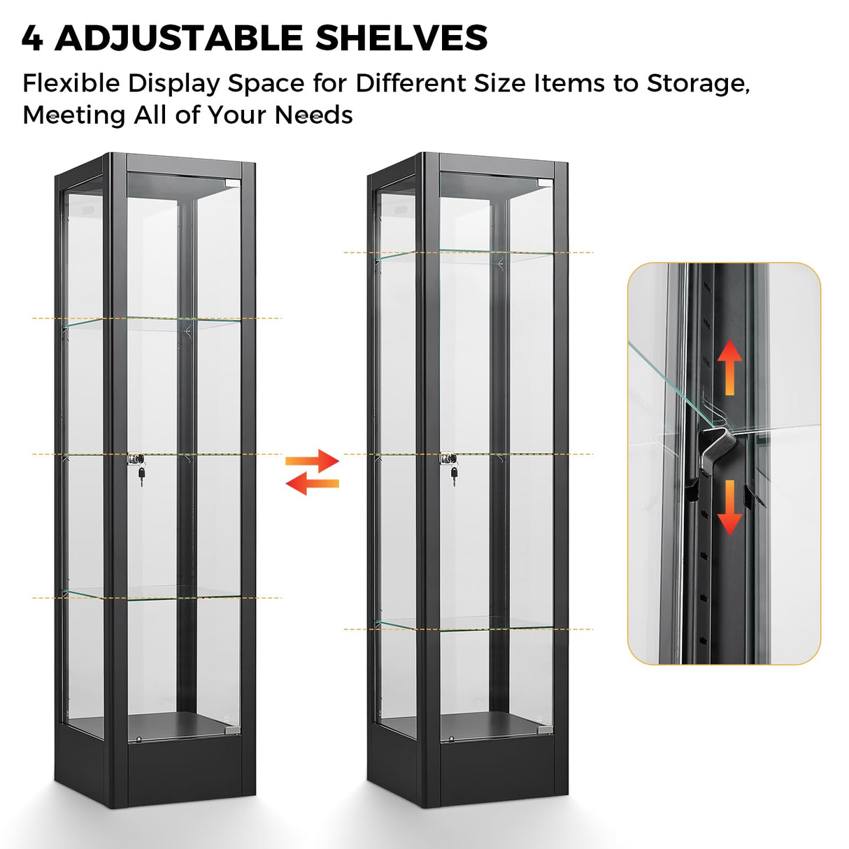 BECHAEO Glass Display Cabinet with LED Light and Lock, 63" Curio Storage Cabinet, 4-Tier Tempered Glass Adjustable Shelves, Metal Display Case for Living Room Playroom Office (Black) BECHAEO