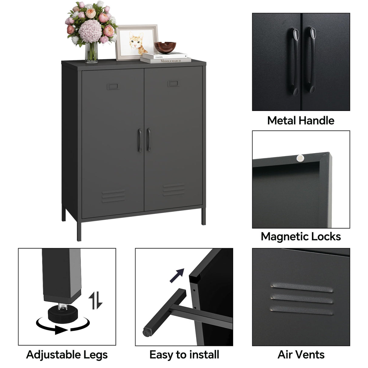 MIOCASA Metal Storage Cabinet - Multi-Purpose Buffet Sideboard Cabinet with Adjustable Shelf & Leveling Feet, Heavy-Duty Steel Design for Living Room, Kitchen, Entryway (Black) MIOCASA