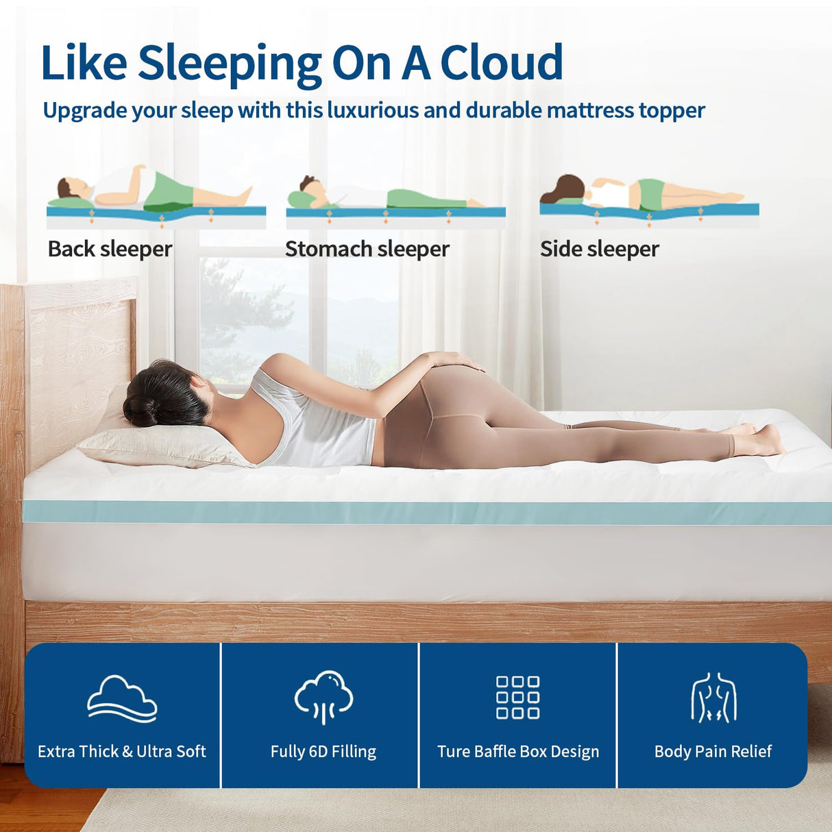STWIENER King Mattress Topper, Pillow Top Mattress Topper for Back Pain Relief, Extra Thick Mattress Pad Deep Pockets for 8"-21", Soft Down Alternative Fill Mattress Protector, Blue Stripe STWIENER