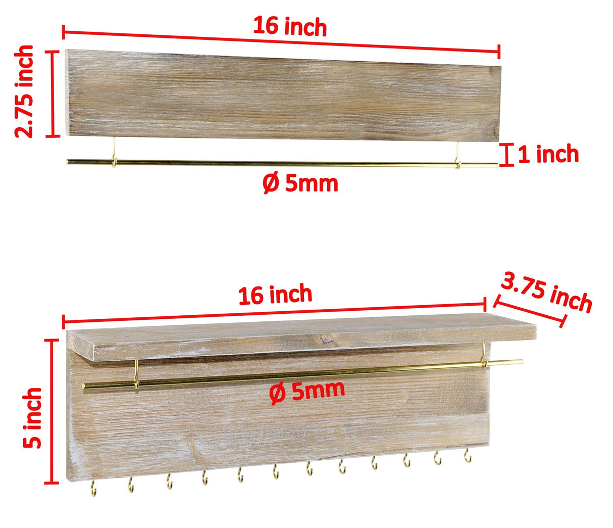 Spiretro Wall Mounted Wood Jewelry Organizer with Metal Bars, Set of 2 Spiretro