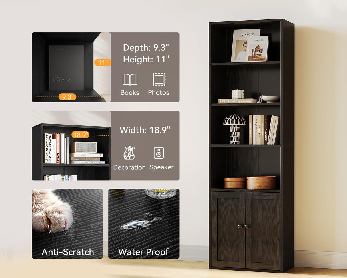 Casaottima Bookshelf and Bookcase with Doors, Floor Standing 6-Tier Shelf Display Storage Shelves, Tall Bookcases for Home Office, Living Room, Black Casaottima