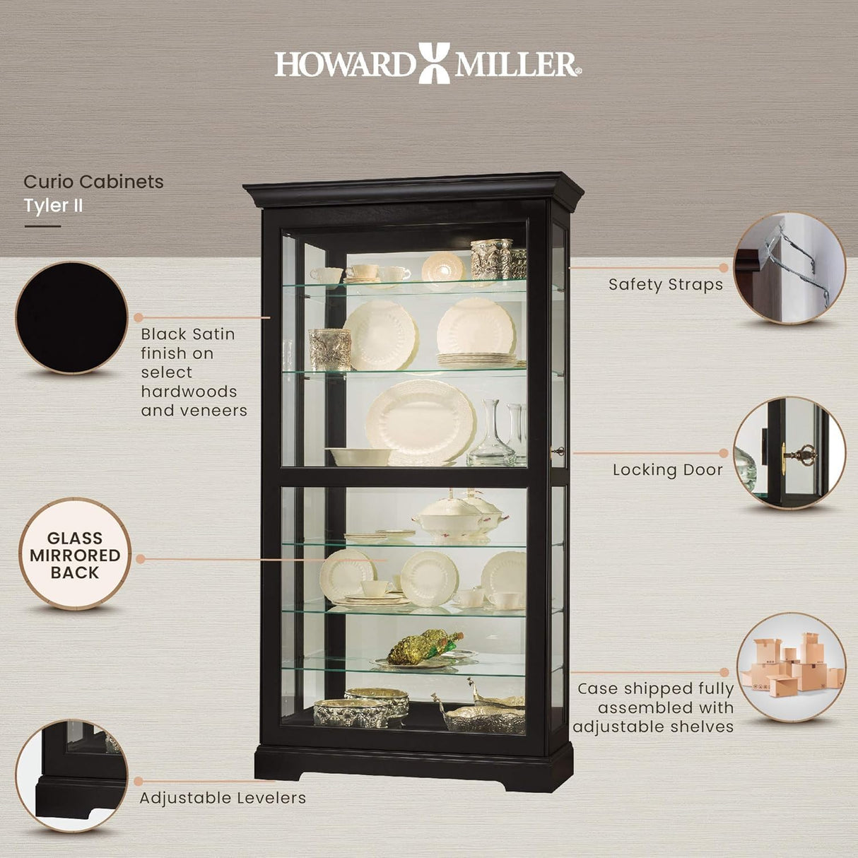 Howard Miller Tyler II Curio Cabinet - Modern Black Satin Storage Cabinet with Locking Glass Doors - Adjustable Shelves & Adjustable Levelers Perfect for Home Decor, Dining or Bedroom Display Howard Miller