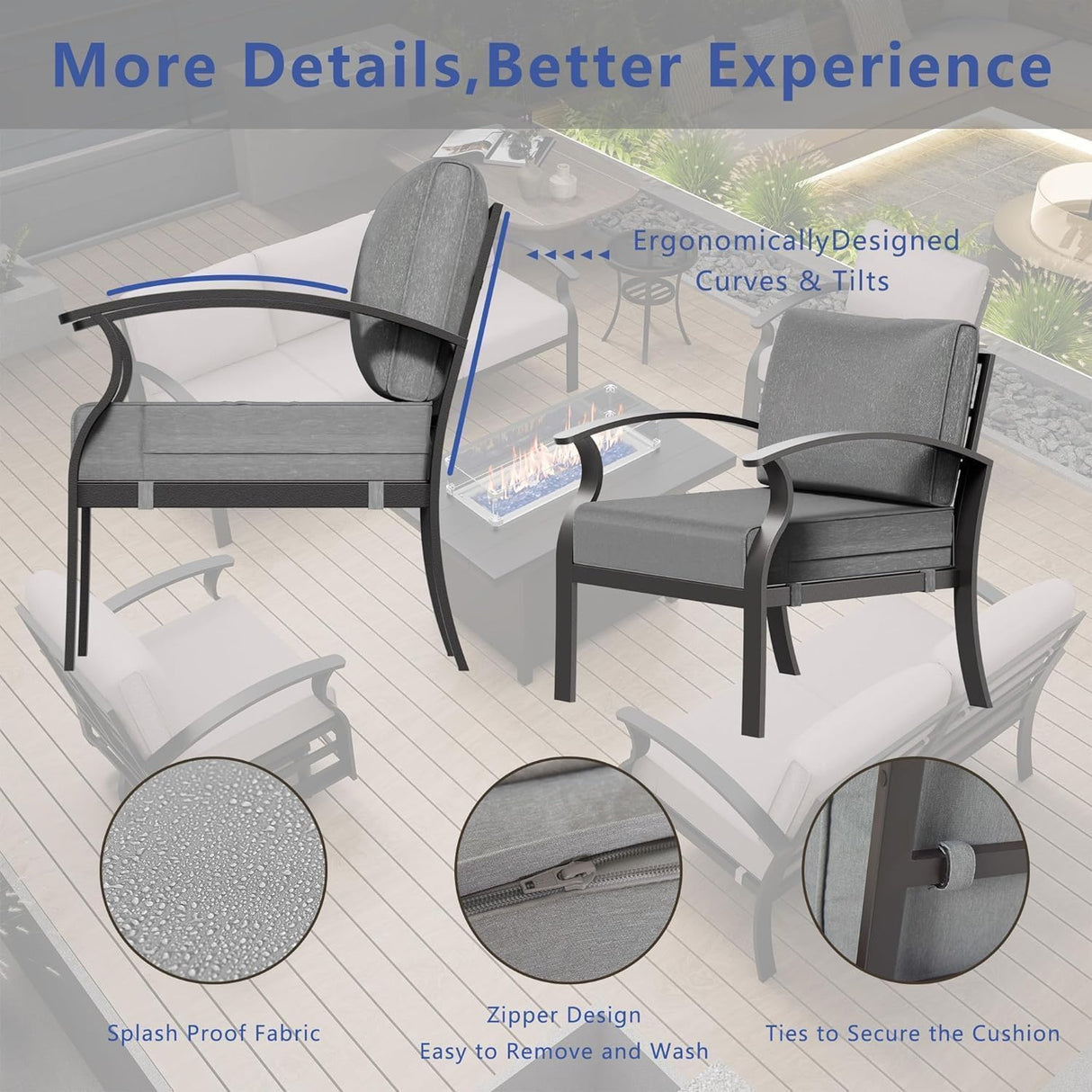 RTDTD Aluminum Patio Furniture Set with Fire Pit Table, 7 Seats Patio Outdoor Conversation Set with Swivel Chair Modern Metal Patio Sectional Sofas with Upgrade Cushions for Patio, Backyard (Grey) RTDTD