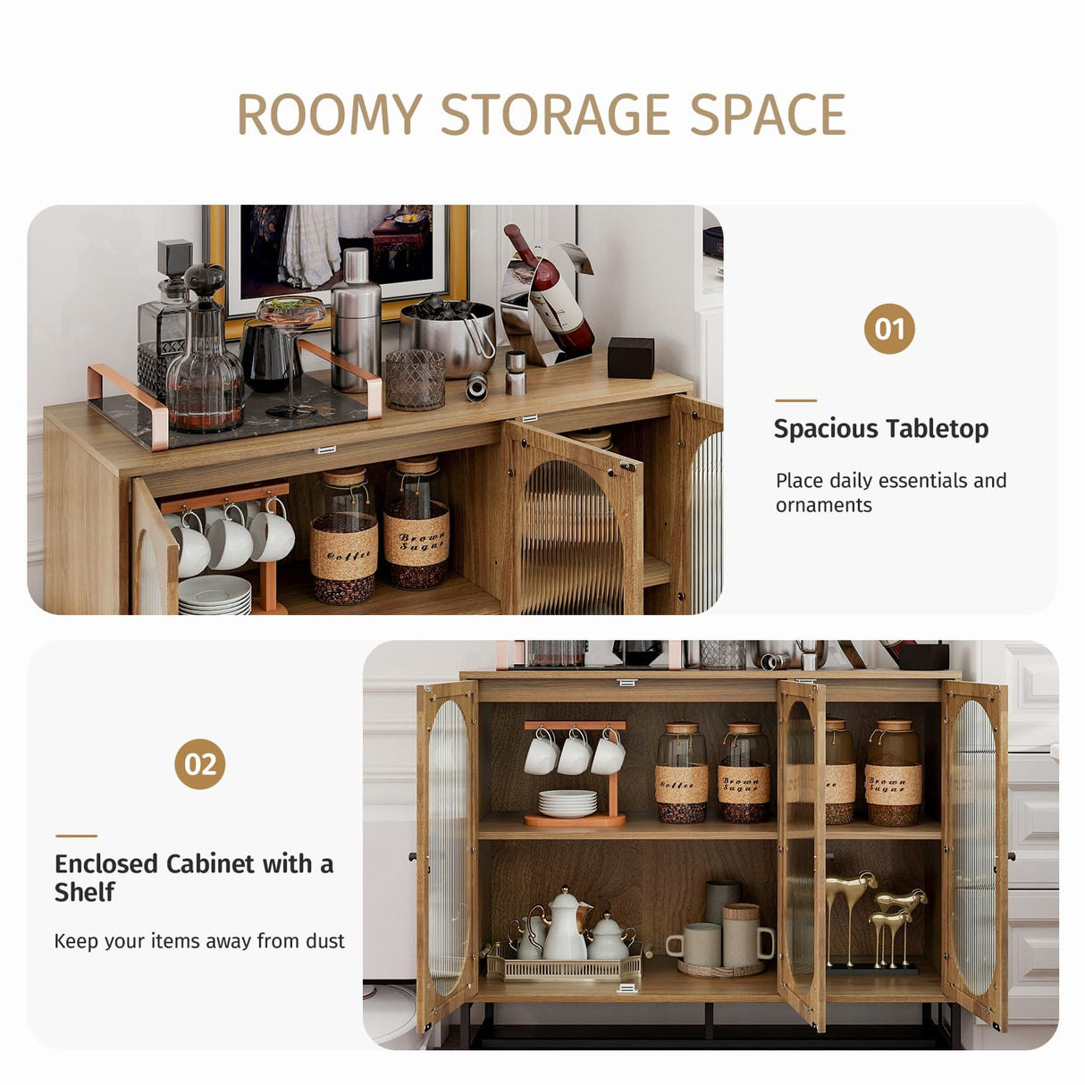 YHAOWORKS Sideboard Buffet Cabinet with Storage - Modern Fluted Glass 3 Doors Accent Storage Cabinet with Metal Legs, Wood Credenza for Living Room (Walnut 1PC) YHAOWORKS