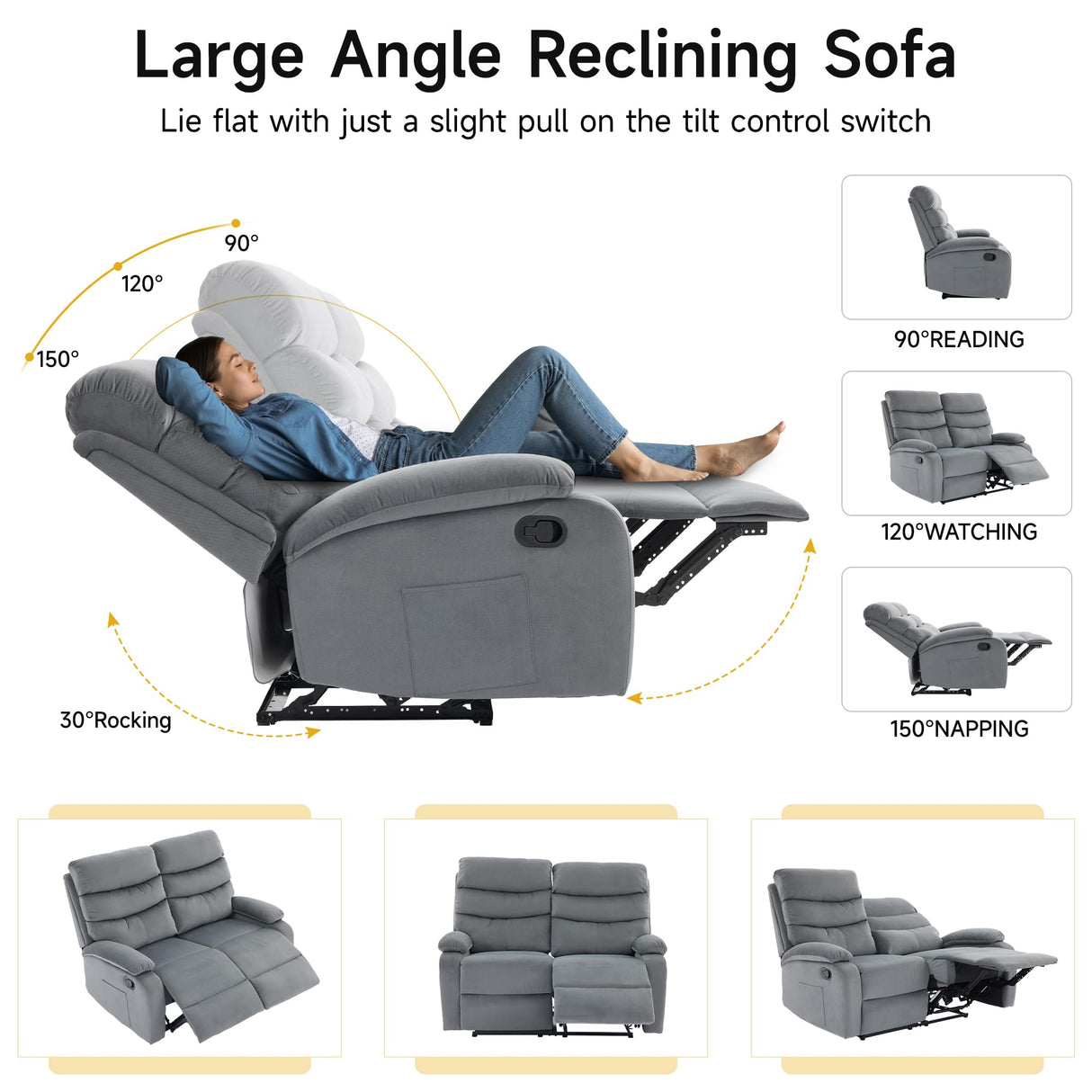 GNMLP2020 Loveseat Recliner Sofa Couch, Velvet 2-Seater Reclining Sofa for RV, Double Seater Wall Hugger Recliner Chair for Living Room, Home Theater Seating, Dark Grey GNMLP2020