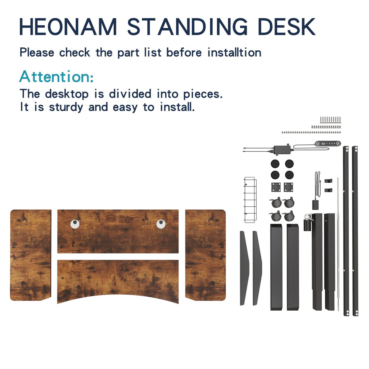 Electric Standing Desk,55 x 30 Inches Ergonomic Height Adjustable Desk with 4 Memory Settings, Stand Up Computer Desk for Home Office with Splice Board, Black Frame/Rustic Brown Top HEONAM