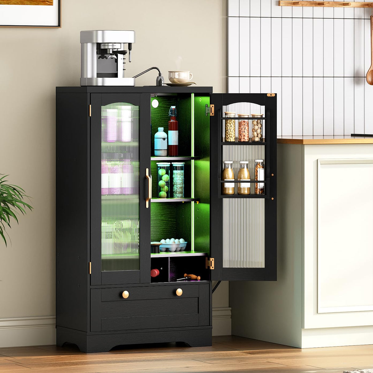 HOOBRO Kitchen Pantry Cabinet, Pantry Cabinet with Cup Holders and Wine Rack, Pantry Storage Cabinet with Charging Station and LED Lights, Pantry with Drawers for Dining Room, Black and Gold HOOBRO