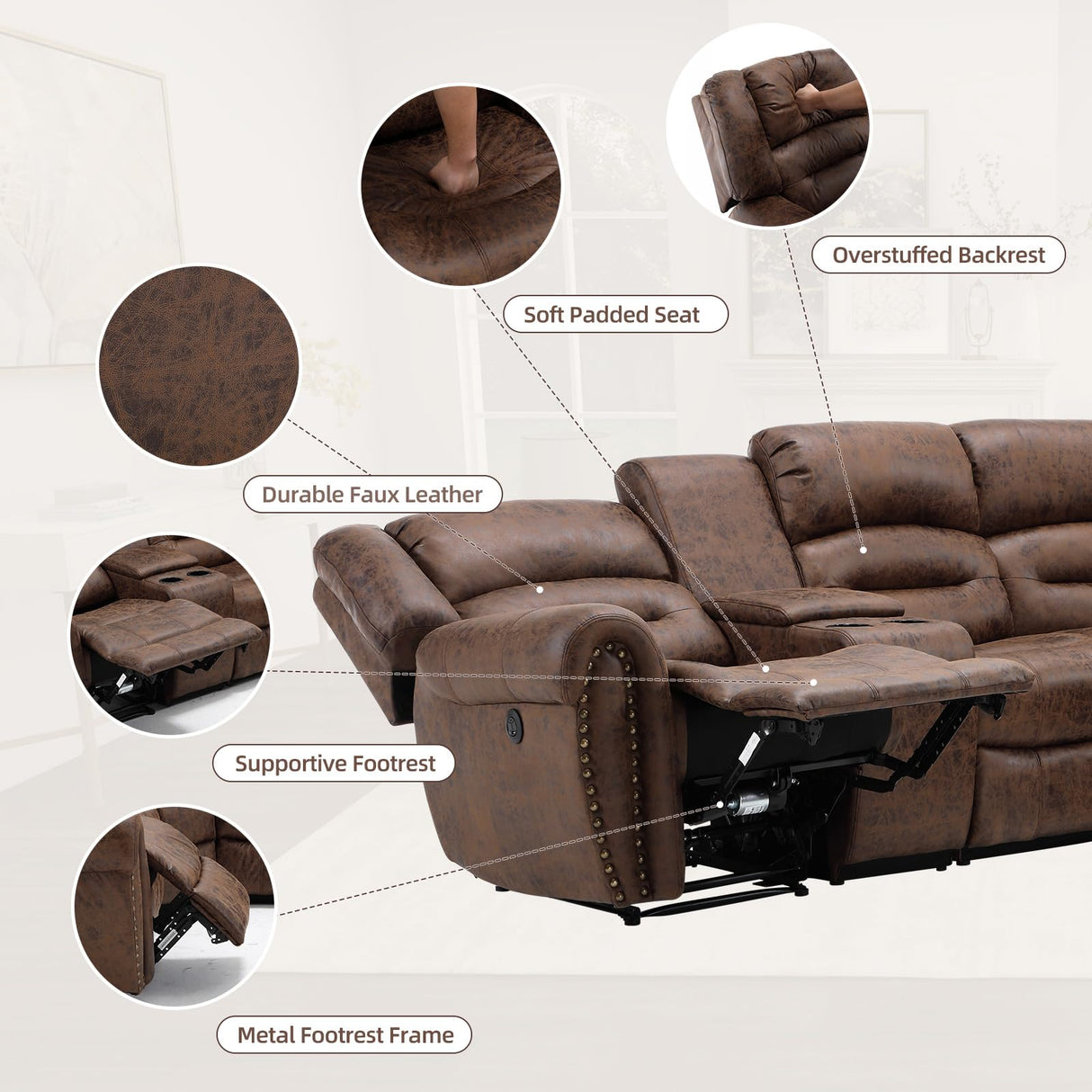 EBELLO L-Shaped Power Reclining Sectional Couch for Living Room, Faux Leather Recliner Sofa Set Corner Sectional Couch Home Furniture Set, with Storage Console and Cup Holders, USB Port, Coffee Brown EBELLO