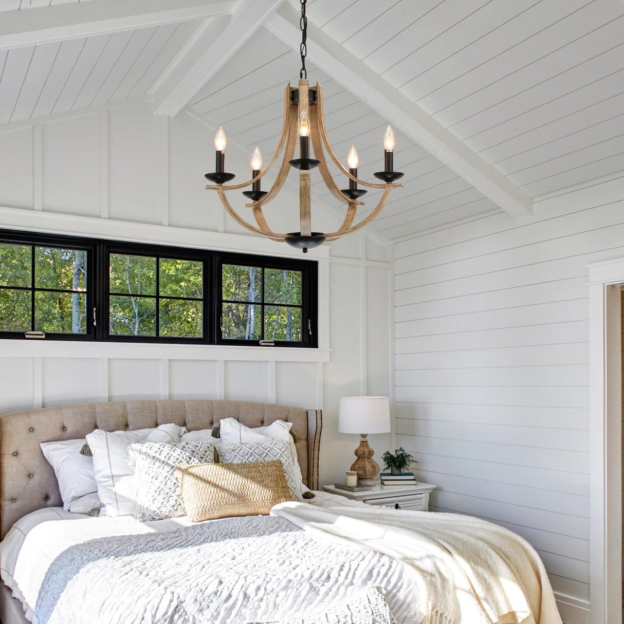 LAMPKEDUO Farmhouse Chandeliers for Dining Room Light Fixture, 5-Light 24 inch Faux Wood Texture Hanging Lighting Fixtures, Rustic Candle Chandeliers for Living Room Kitchen Island Foyer Entryway LAMPKEDUO