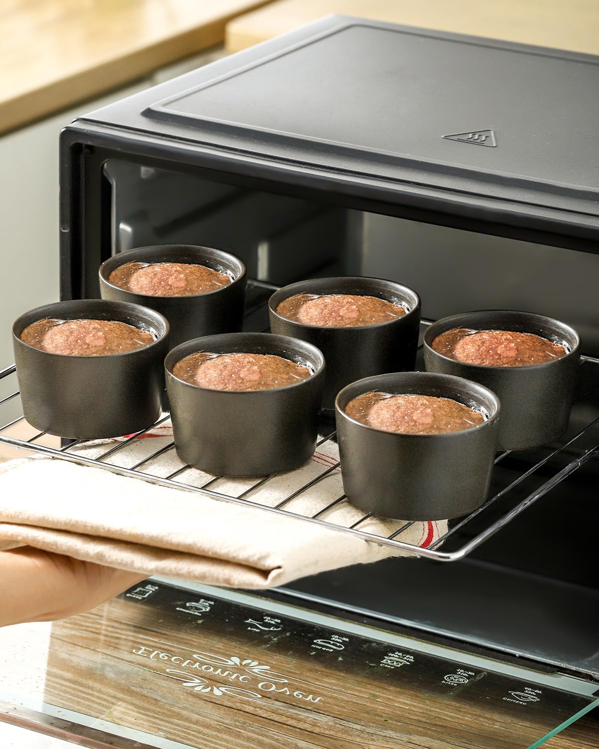 Tikooere Ramekins 6 oz, Oven Safe Soufflé Dishes for Creme Brulee, Souffle, Pudding, Lava Cake, Stoneware Custard Cups for Baking, Ceramic Sauce Bowls Set of 6, Kitchen Decor Gift, Matte Black Tikooere