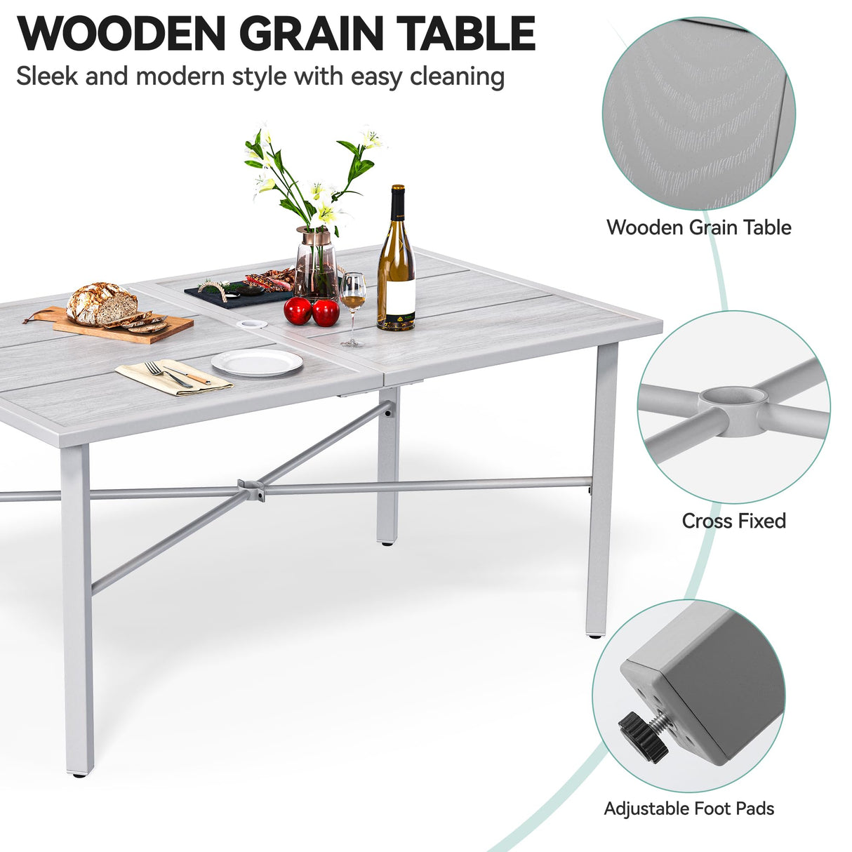 YITAHOME 59" Rectangular Outdoor Patio Dining Table for 6-Person, Outdoor Patio Dining Table with 2" Umbrella Hole and Sturdy Iron Frame Perfect for Lawn Backyard Garden, Gray YITAHOME