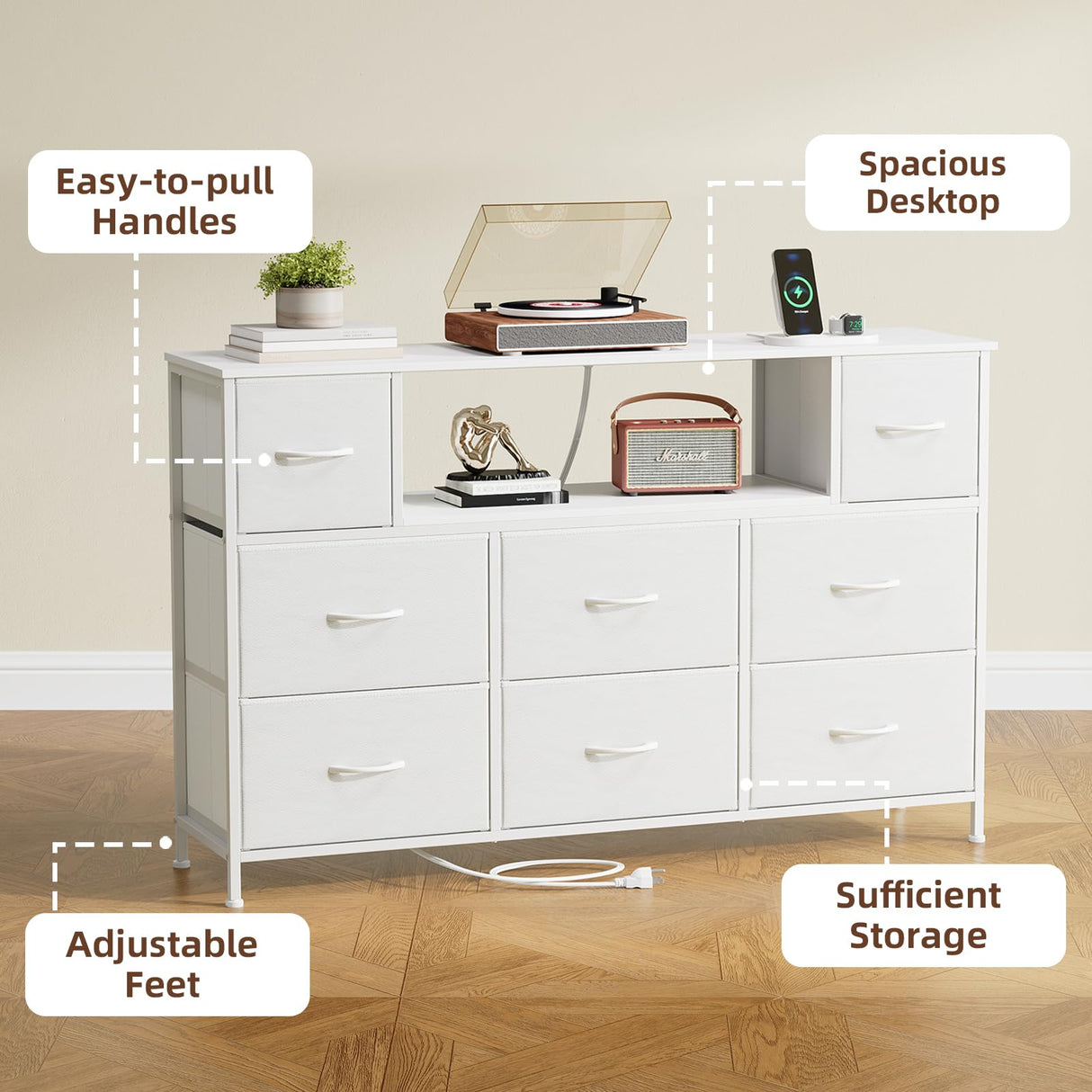 Somdot White TV Stand, Dresser for Bedroom for 55 inch TV with Charging Station and LED Lights, Media Console Table with 8 Drawers, Open Shelf, Adjustable Feet,Living Room Furniture Somdot