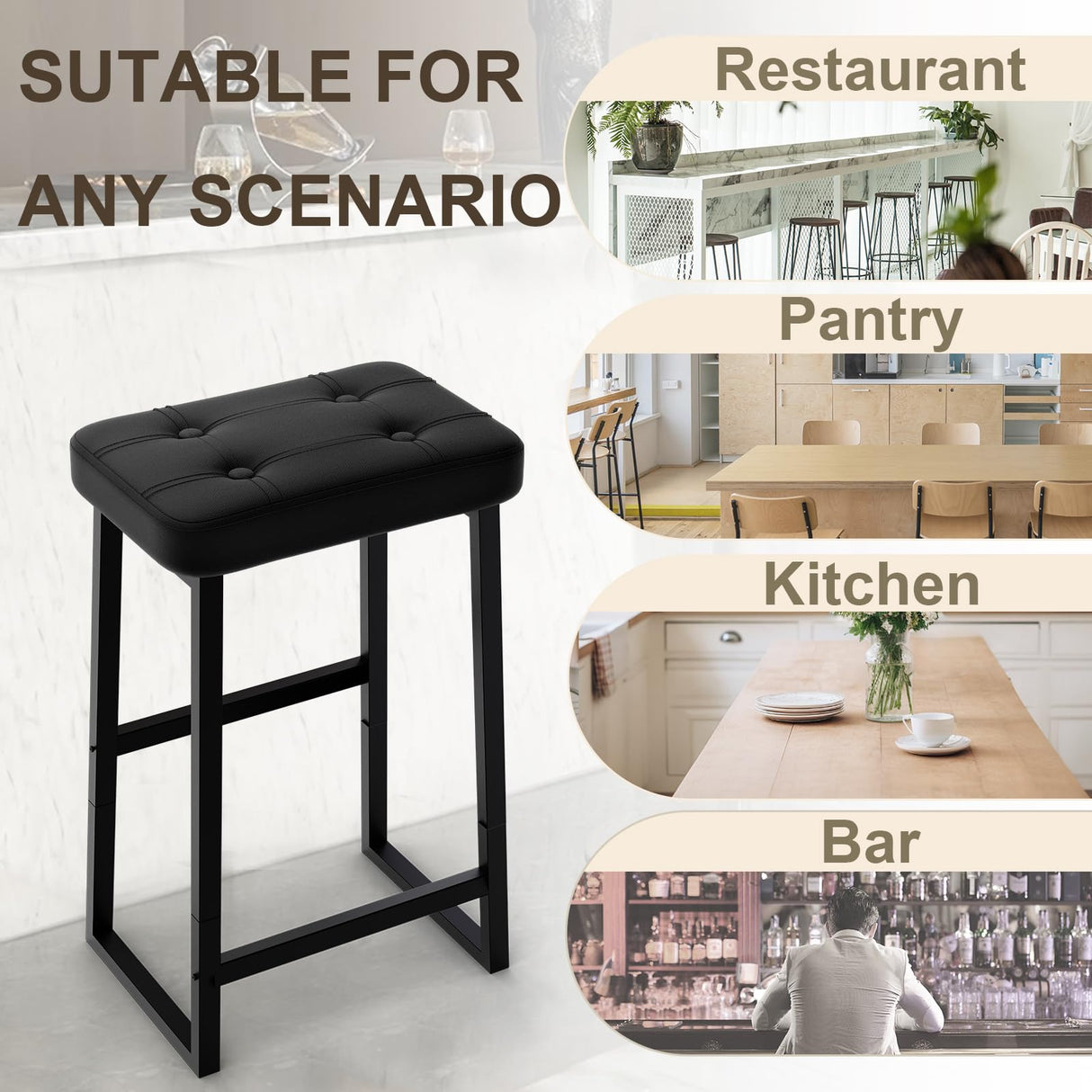 iTsst Bar Stool, Counter Height Bar stools,Modern Kitchen Island Chairs, Synthetic Leather with Stitching, 26 inches high, for Kitchen/Family Restaurant/Dining Room/Farmhouse, Black iTsst