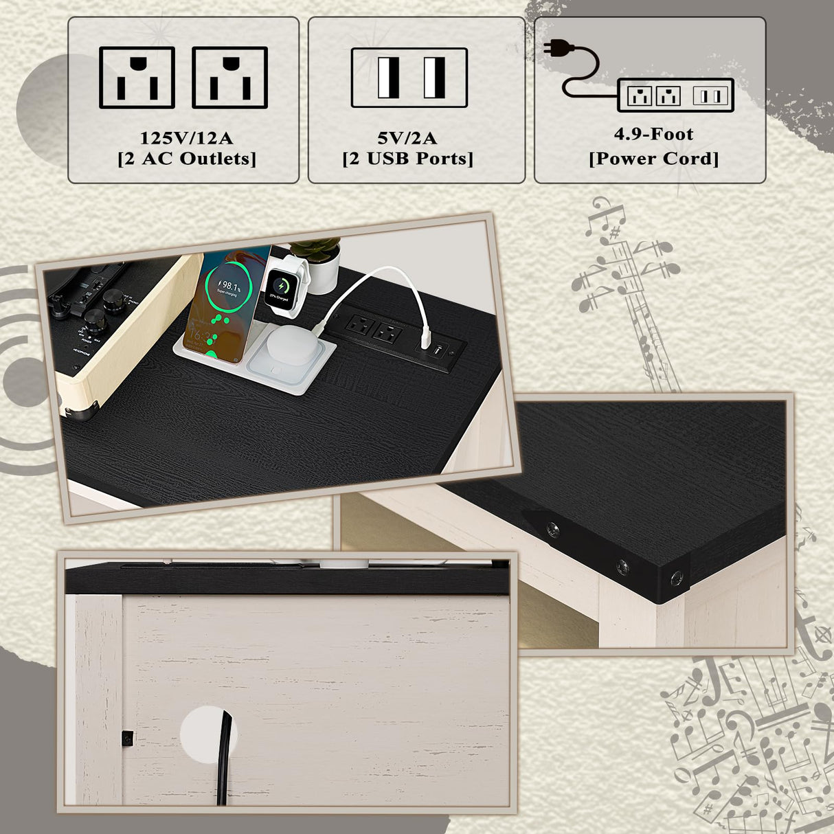 Joaxswe Large Record Player Stand with Charging Station & LED Lights, Vinyl Records Storage Holder Cabinet Holds up to 230 Albums, Turntable Stand for Music Room, Bedroom, Living Room, Office (White) Joaxswe