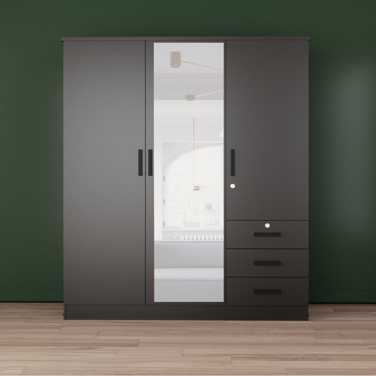 Better Home Products Violet Wardrobe Armoire Closet with Mirror, Three Drawers and 3 Doors. (Black) Better Home Products