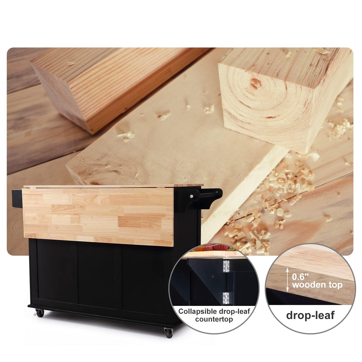 HOMREST Mobil Kitchen Island Cart with Drop Leaf, Kitchen Cart Rolling Mobile Island with Wooden Countertop, Spice Rack,Adjustable Shelves and Drawers, Island Table for Kitchen, Black HOMREST