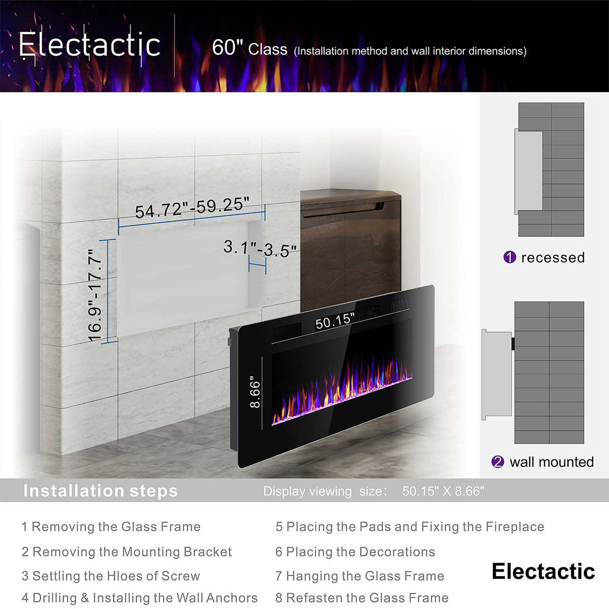 Electactic 60 inches Electric Fireplace Recessed and Wall Mounted, Fireplace Heater and Linear Fireplace, with Timer, Remote Control, Adjustable Flame Color, 750w/1500w, Black Electactic