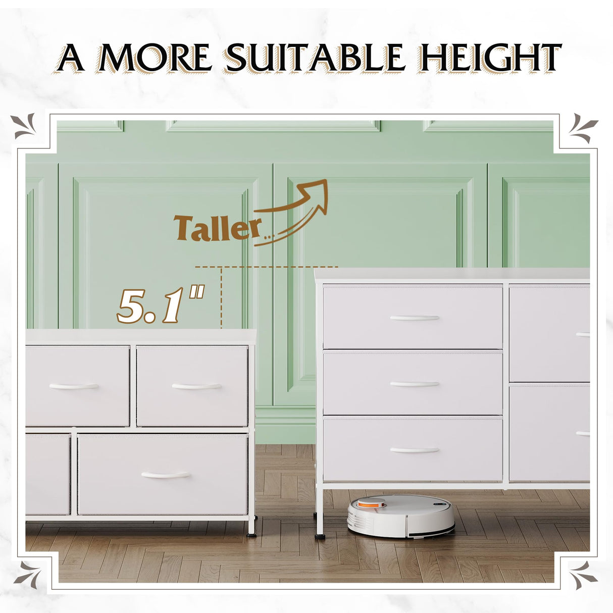 WLIVE Dresser for Bedroom with 5 Drawers, Wide Bedroom Dresser with Drawer Organizers, Chest of Drawers, Fabric Dresser for Living Room, Closet, Hallway, White WLIVE