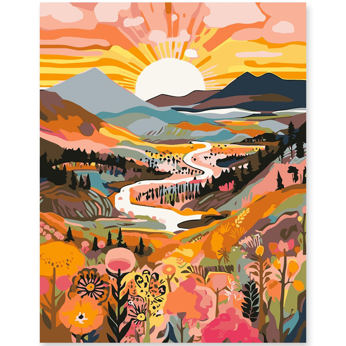 EFOTIML Paint by Numbers Kit for Adults Beginners & Kids Ages 8-12,1 Pack 16x20 inches Canva for Painting Kits for Adults in Colorful Box(Without Frame)- Sunrise Mountains and Rivers EFOTIML