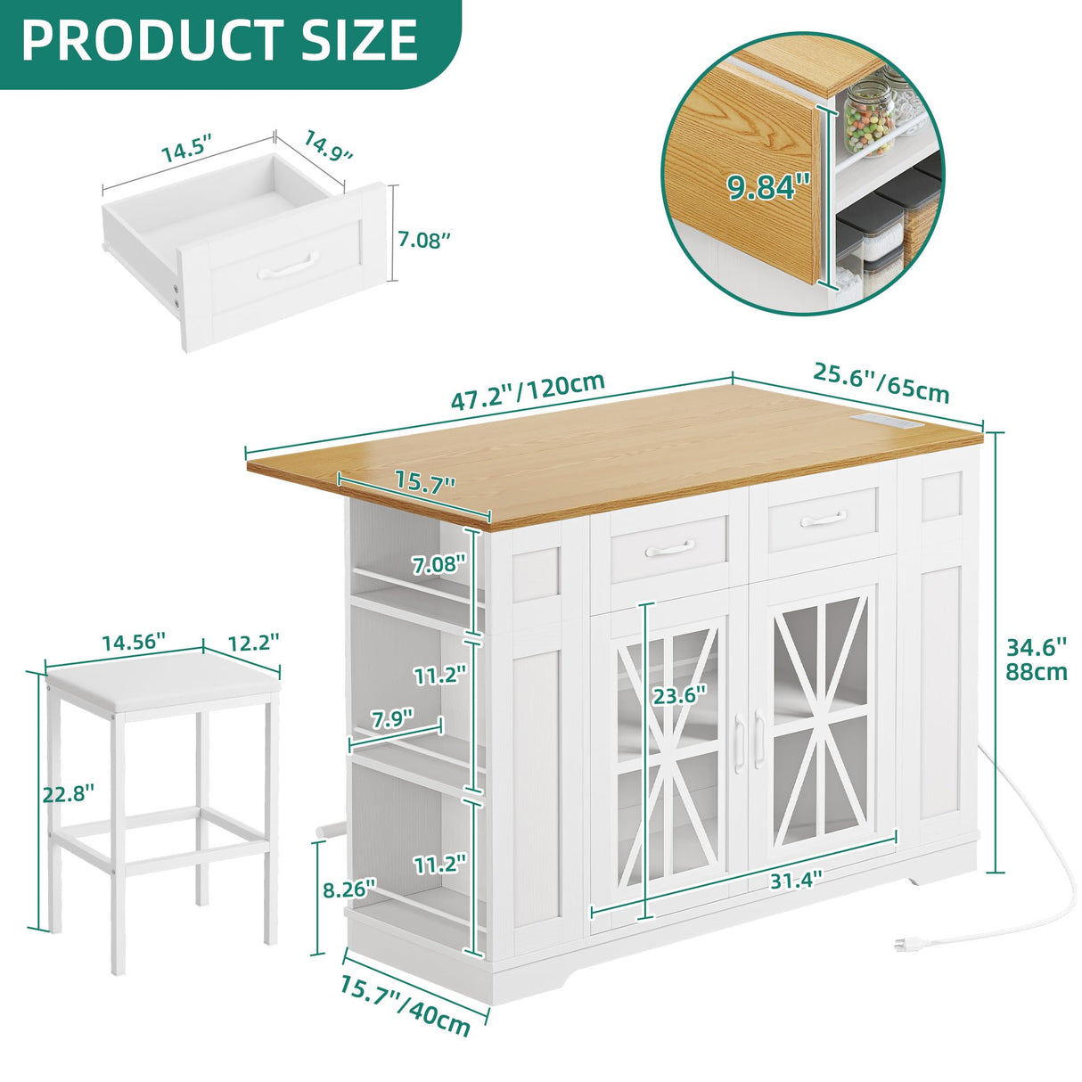 YITAHOME Kitchen Island with Drop Leaf, 47 Inch Mobile Storage Island with Seating, Rolling Islands Table with Power Outlet & 2 Bar Stools on Wheels, White Oak YITAHOME