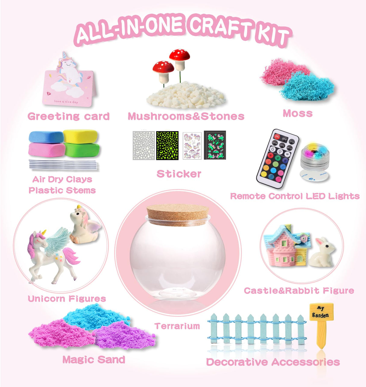 THINKKIE Unicorn Light Up Terrarium Kit for Kids - LED Night Light Birthday Gifts for Girls Ages 4 5 6 7 8-12 Year Old - Arts and Crafts for Kids THINKKIE