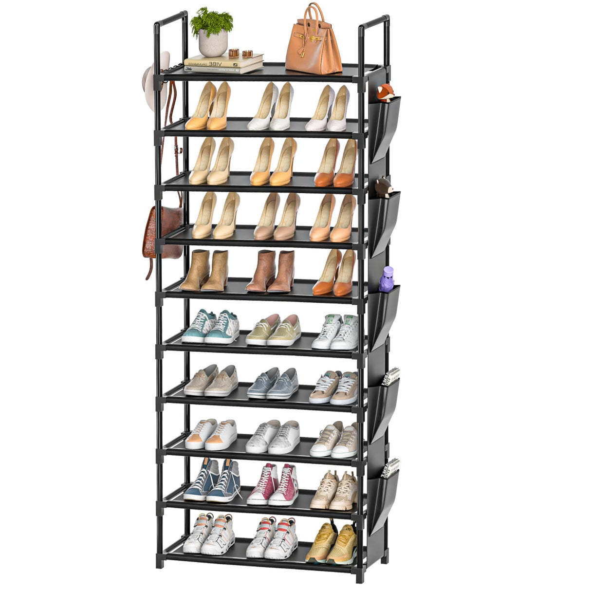 LUKYTOWER Tall Shoe Rack - 10 Tier Shoe Organizer with Metal Shelf, 5 Hooks, Pocket & Sturdy Stand for Closet Shoes LUKYTOWER
