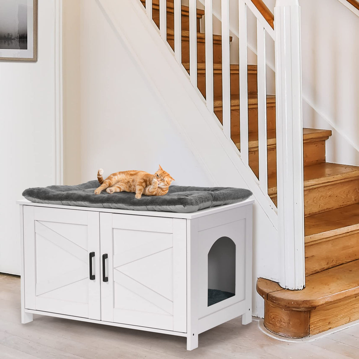Homhedy Cat Litter Box Enclosure,Litter Box Furniture Hidden with Barn Door,Wooden Cat Washroom Furniture,Cat House,Fit Most of Litter Box,White Homhedy