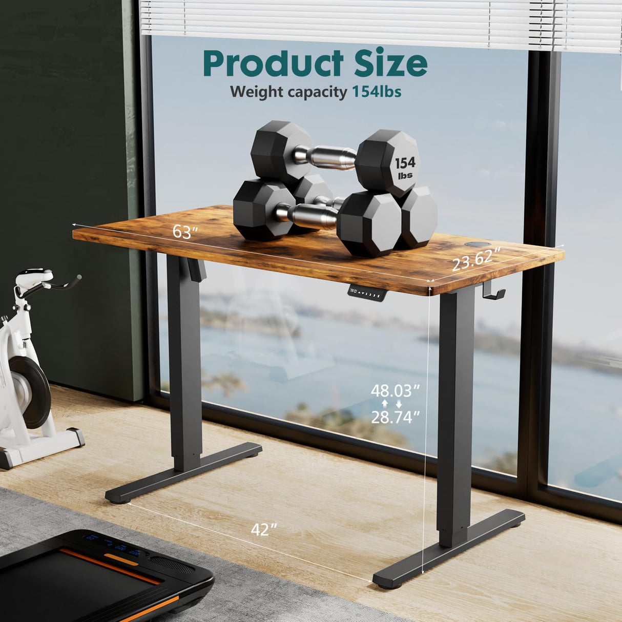 SMUG Electric Standing Desk, 63 x 24 Inch, Modern Style, Adjustable Height, 154 lbs Capacity, with Memory Presets, for Home Office, Rustic Brown SMUG