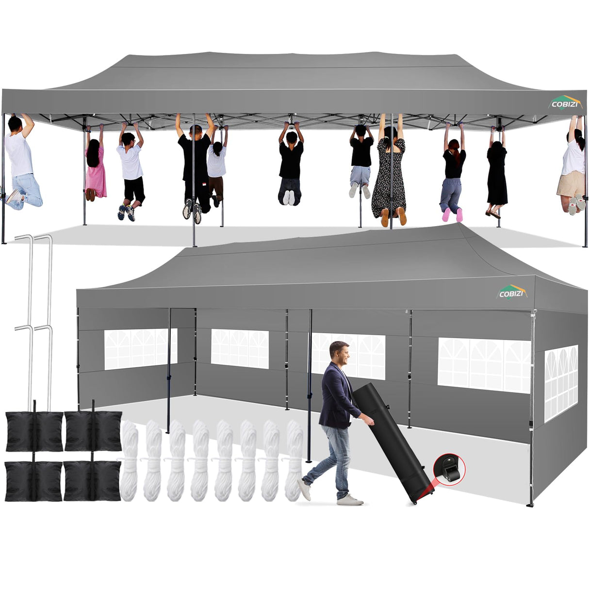 COBIZI 10x30 Pop up Canopy Tent 10x30 Canopy with 8 Sidewalls Waterproof Heavy Duty Commercial Canopy Tent for Parties Outdoor Tent Garden Gazebo Tent, Carry Bag with Wheel(10x30ft, Gray) COBIZI