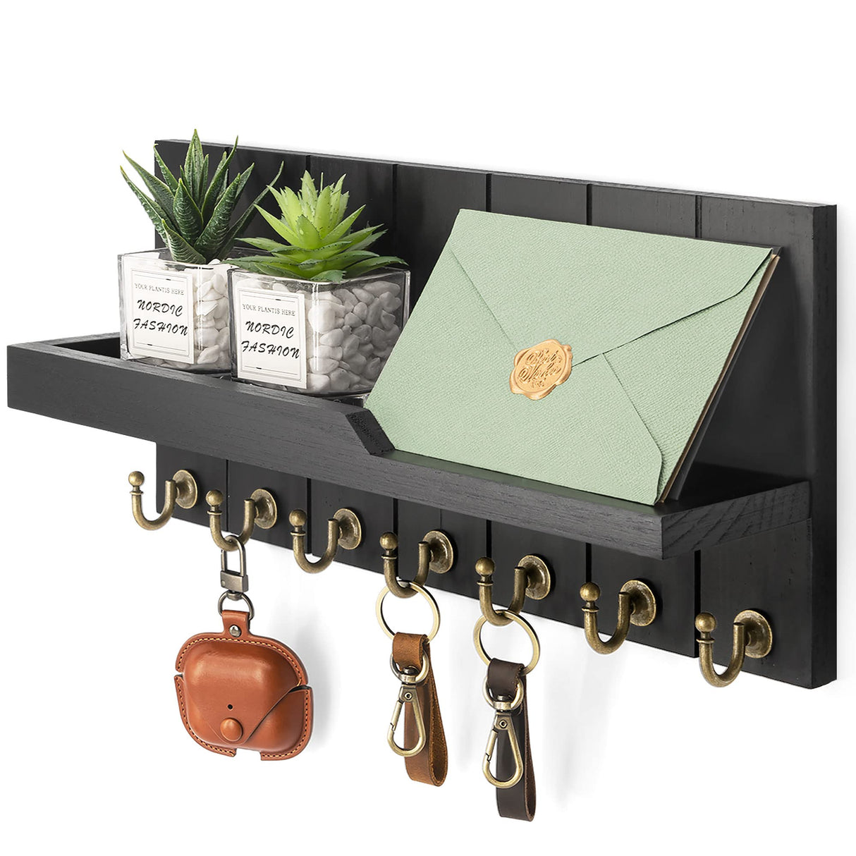 Rebee Vision Decorative Key and Mail Holder for Wall - Farmhouse 15 Inches Floating Shelf with 7 Sturdy Key Hooks for Home Entryway Wall Decor - Rustic Key Racks (Black) Rebee Vision