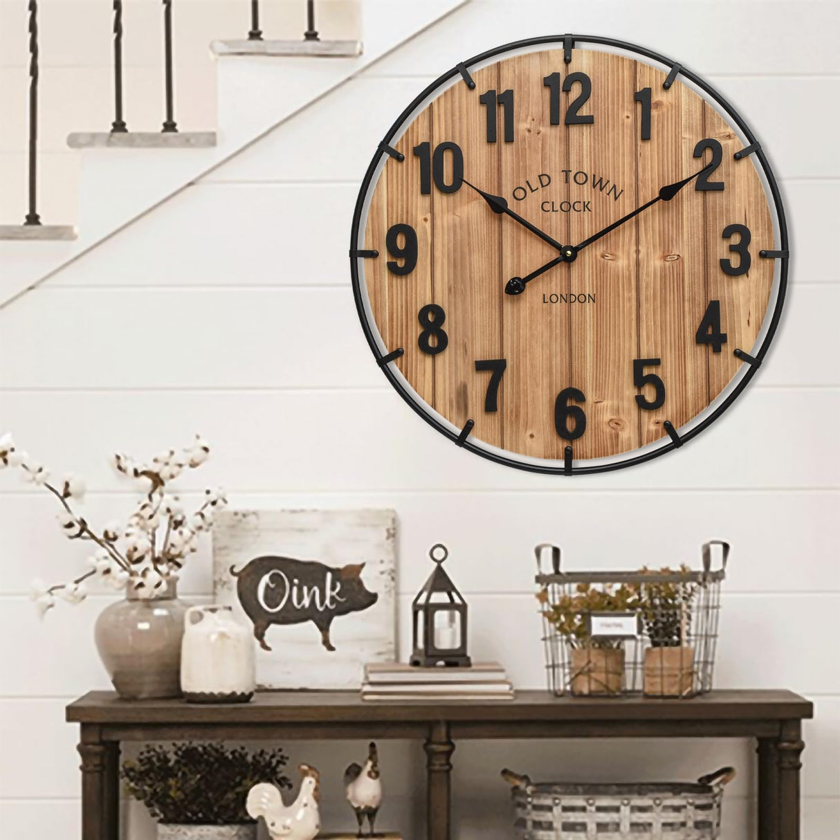 EMAX HOME Large Old Town Farmhouse Wall Clock 24 Inch Rustic Antique Wood with Metal Circle and Large Numerals Silent Battery Operated Wall Clock for Office Kitchen Bedroom Living Room EMAX HOME
