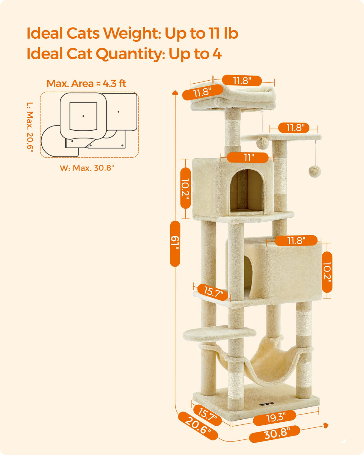 Feandrea Cat Tree, 61-Inch Cat Tower for Indoor Cats, Plush Multi-Level Cat Condo with 5 Scratching Posts, 2 Perches, 2 Caves, Hammock, 2 Pompoms, Beige UPCT192M01 Feandrea