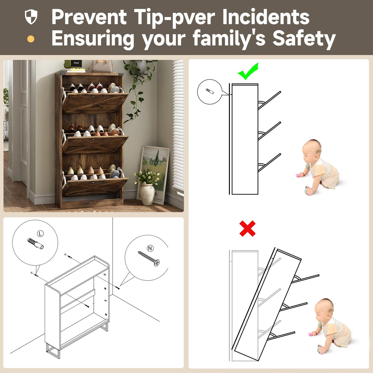 Maupvit 24" W Farmhouse Shoe Cabinet Storage for Entryway, Freestanding Organizer with 3 Flip Drawers, Narrow Shoe Rack Cabinet with Metal Corner Decoration, Rustic Brown Maupvit