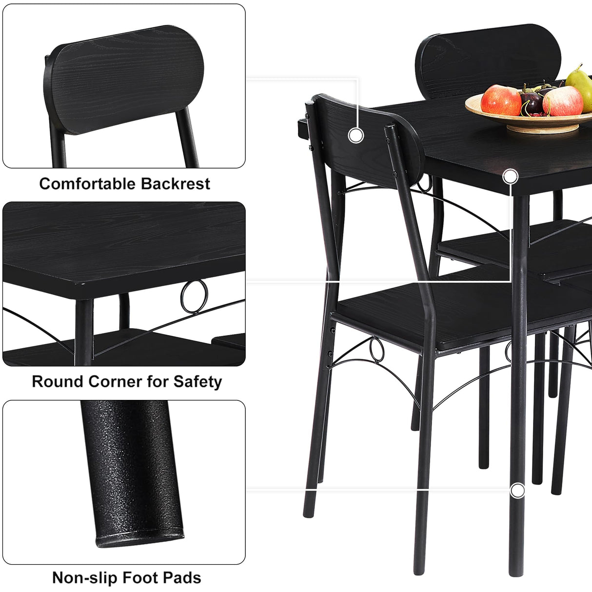 VECELO Dining Table Set for 4, 5 Piece Dinette with Chairs for Kitchen, Breakfast Nook and Small Space, Black VECELO