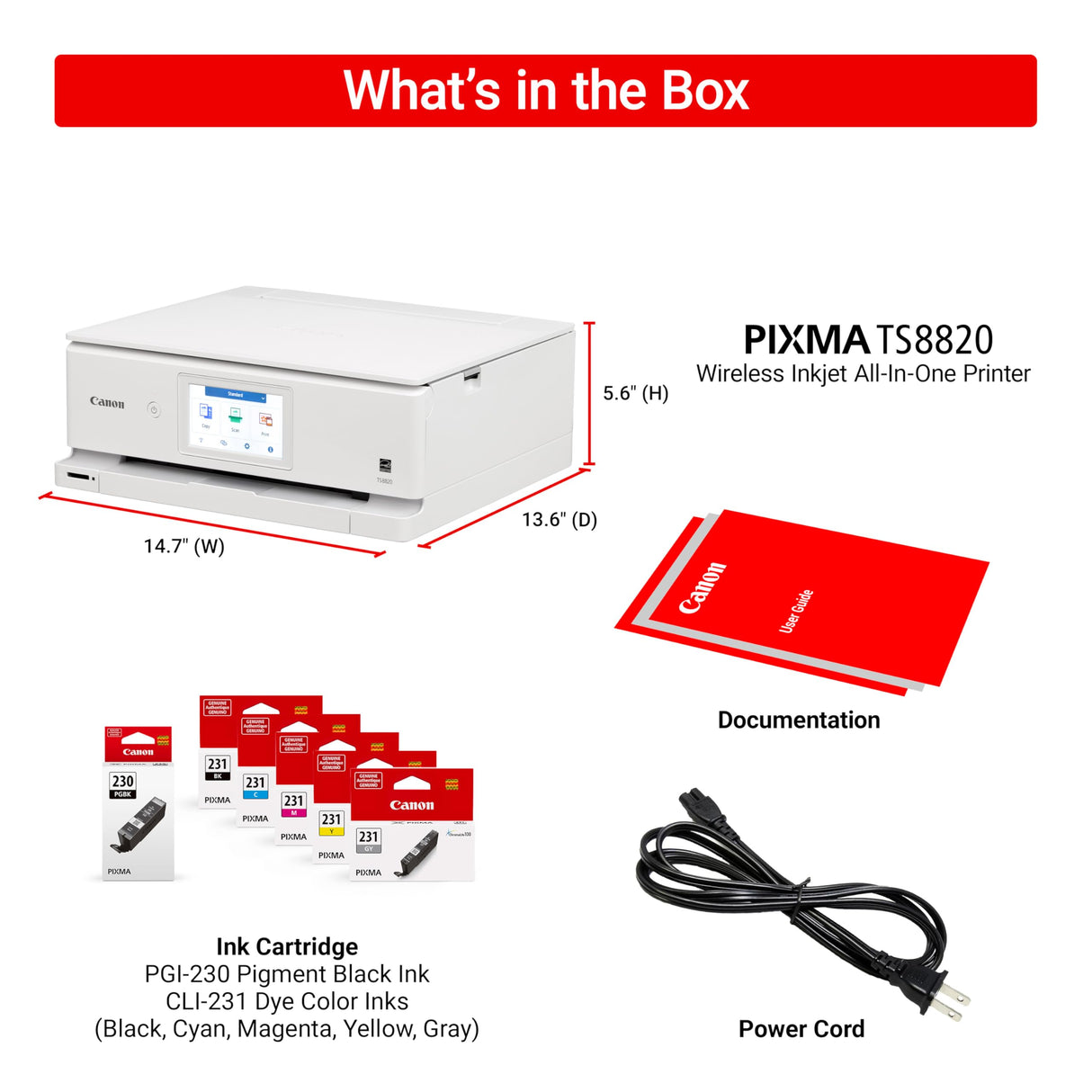 Canon PIXMA TS8820 Wireless 3-In-1 Home Printer with One Sheet Multipurpose Tray, 6 Individual Inks System, and 4.3-Inch Color LCD Touchscreen (White) Canon